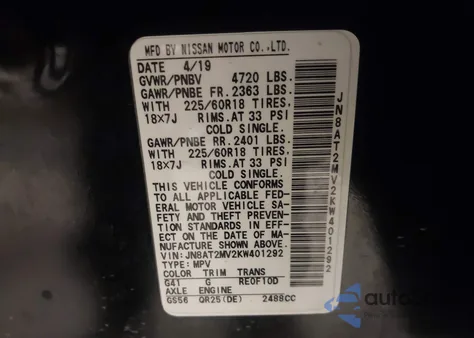 2019 Nissan Rogue Sv z USA, uszkodzony, nr VIN JN8AT2MV2KW401292